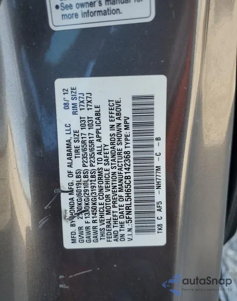 2012 Honda Odyssey Exl z USA, uszkodzony, nr VIN 5FNRL5H65CB142368